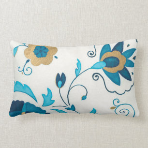 Gilded Indigo Flowers with White Background Lumbar Pillow
