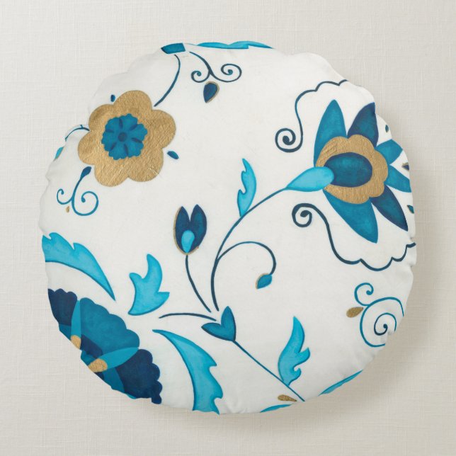 Gilded Indigo Flowers with White Background Round Pillow (Front)