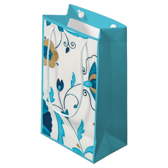 Gilded Indigo Flowers with White Background Small Gift Bag (Front Angled)