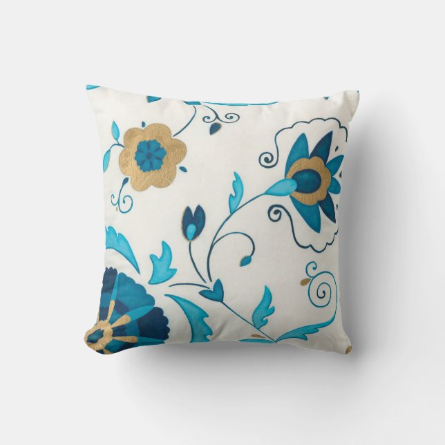Gilded Indigo Flowers with White Background Throw Pillow (Front)