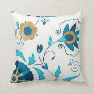 Gilded Indigo Flowers with White Background Throw Pillow