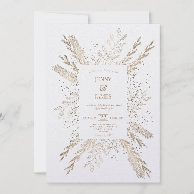 Gilded Meadow white background fresh invitation. Holiday Card (Front)
