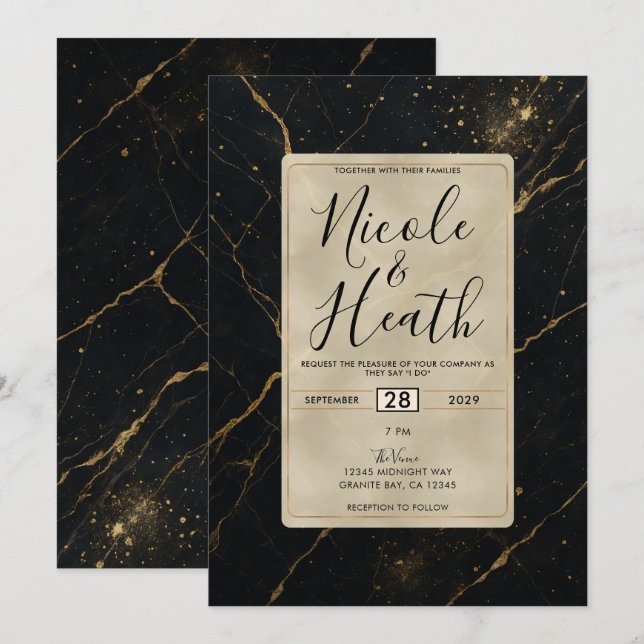 Gilded Midnight Marble Black & Gold Wedding  Invitation (Front/Back)
