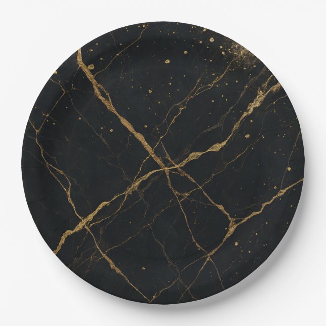 Gilded Midnight Marble Black & Gold Wedding  Paper Plate (Front)