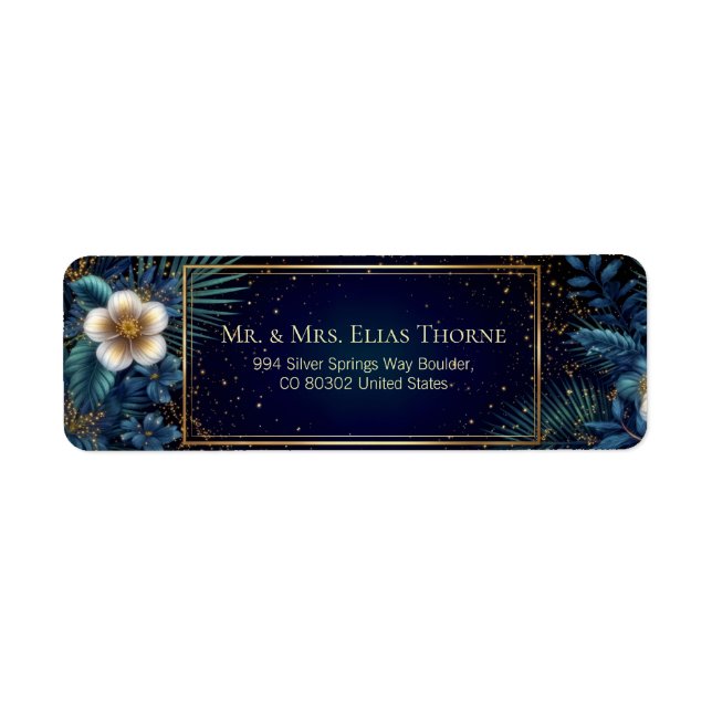 Gilded Midnight Navy Starry Botanical Address (Front)