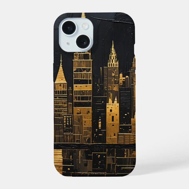 Gilded Midnight Skyline iPhone 15 Case (Back)