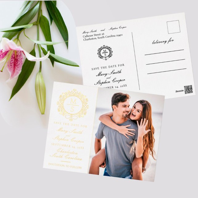 Gilded Monogram Photo Save The Date Postcards (I wish you happiness!)