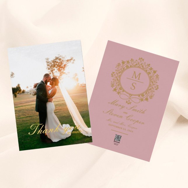 Gilded Monogram Photo Wedding Thank You Cards (I wish happiness!)