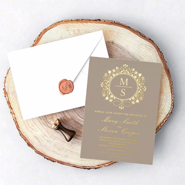 Gilded Monogram Wedding Invitations (I wish you happiness!)