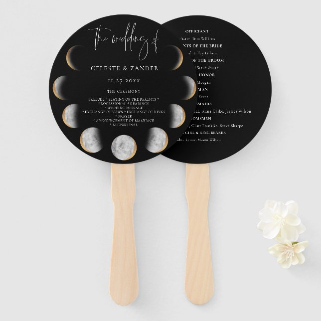 Gilded Moon Phases Wedding Program Hand Fan (Front and Back)