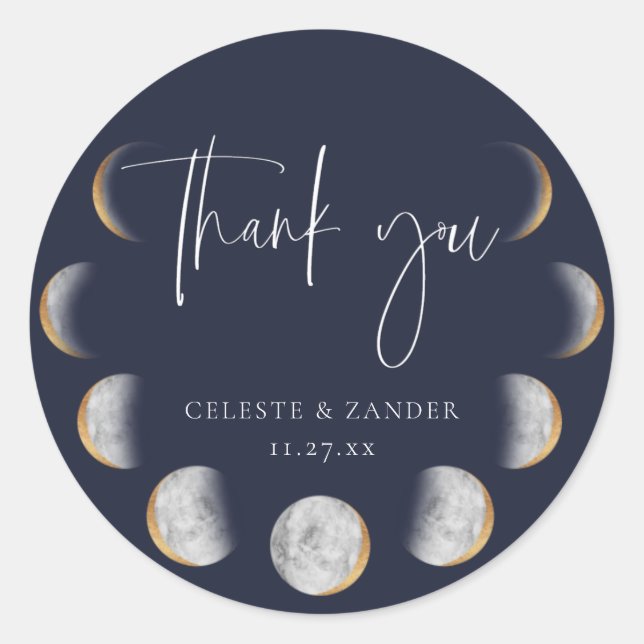 Gilded Moon Phases Wedding Thank You Classic Round Sticker (Front)
