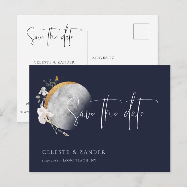 Gilded Moon Wildflower Wedding Save the Date Announcement Postcard (Front/Back)