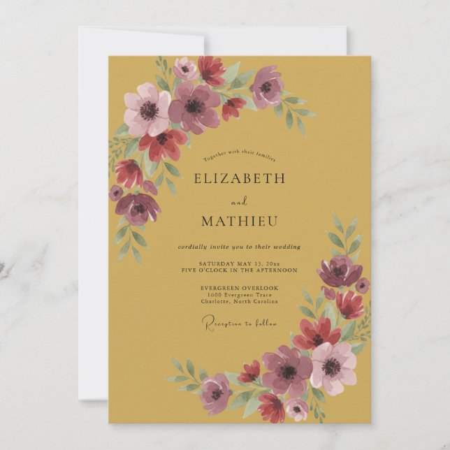 Gilded Mustard Plum Wildflower Wedding Invitation (Front)