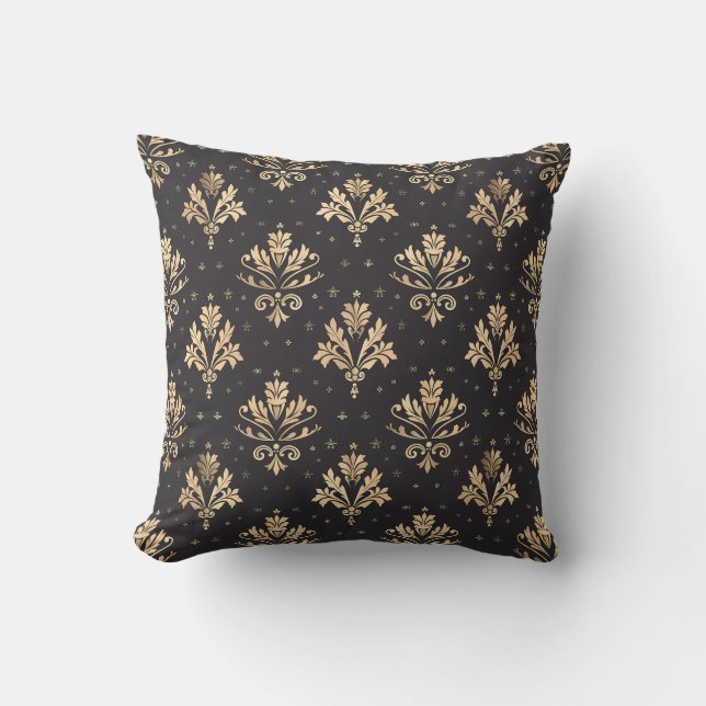 Gilded Noir Damask Princesscore Throw Pillow (Front)