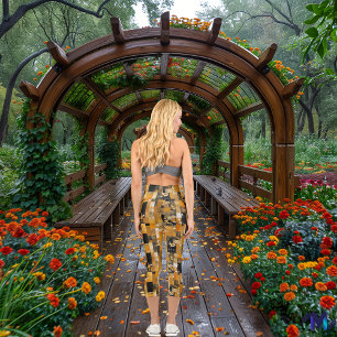 Gilded Patchwork: Luxurious Geometric Pattern Capri Leggings