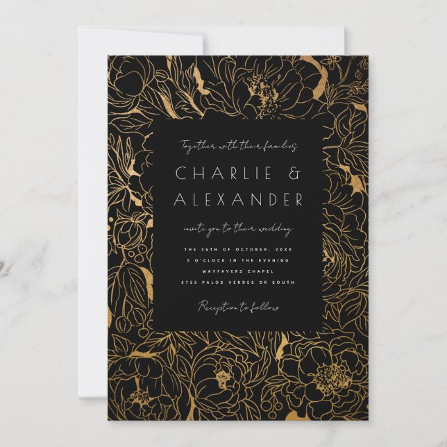 Gilded Peonies Black and Gold Invitation (Front)