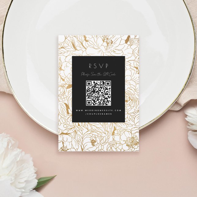 Gilded Peonies Black White Gold RSVP Card (Creator Uploaded)