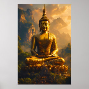 Gilded Seated Buddha Under a Sunset Sky Poster