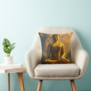 Gilded Seated Buddha Under a Sunset Sky Throw Pillow