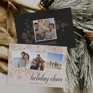 Gilded Snow   Rose Gold Snowflake Photo Collage Holiday Card