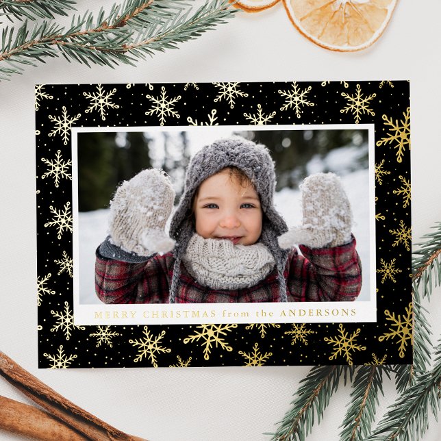 Gilded Snowflakes Photo Black and Gold Foil Holiday Postcard (Creator Uploaded)