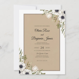 Gilded Taupe Anemone Foliage Wedding Invitation