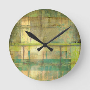 Gilded Turquoise and Green Abstract Painting Round Clock