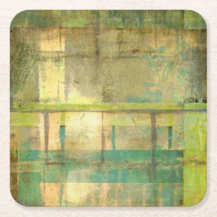 Gilded Turquoise and Green Abstract Painting Square Paper Coaster