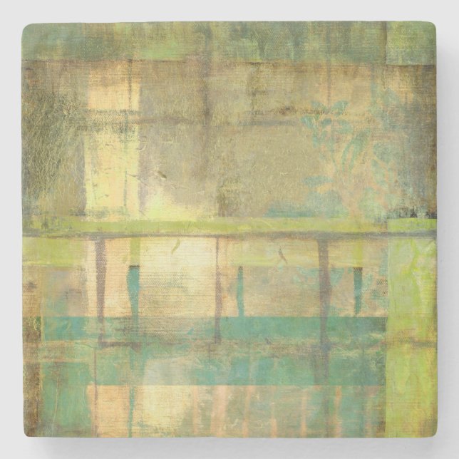 Gilded Turquoise and Green Abstract Painting Stone Coaster (Front)