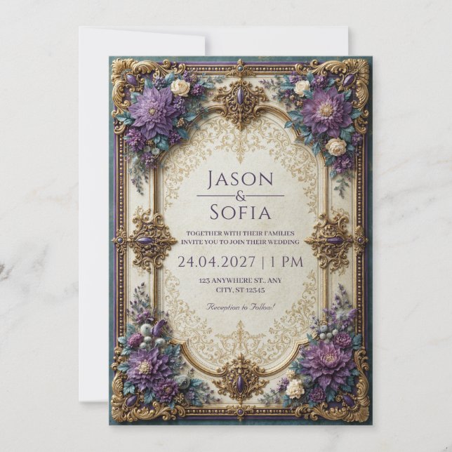 Gilded Violet Floral Wedding Invitation (Front)