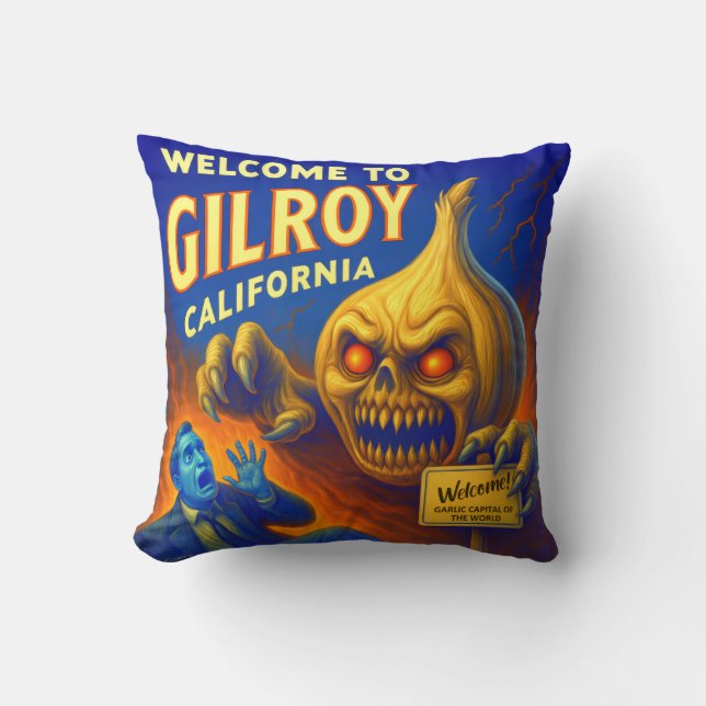 GILROY, CALIFORNIA 16" X 16" GARLIC THROW PILLOW. PILLOW (Front)
