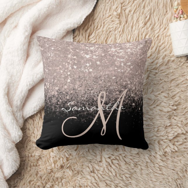Gilry Monogram Rose Gold Glitter & Black Throw Pillow (Blanket)