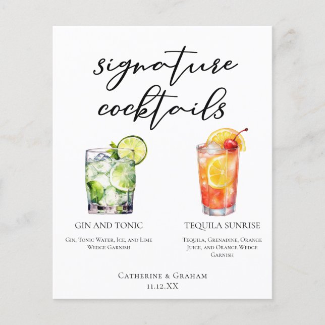 Gin and Tonic Tequila Sunrise Cocktails Menu (Front)