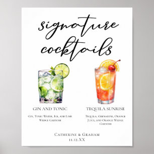 Gin and Tonic Tequila Sunrise Cocktails Menu Poster