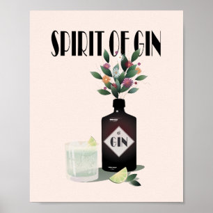 Gin Bottle & Flowers   Illustration for Gin Lovers Poster