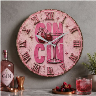 Gin Martini Pink Retro Cocktail Bar Decor  Large Clock