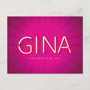 Gina name in glowing neon lights postcard