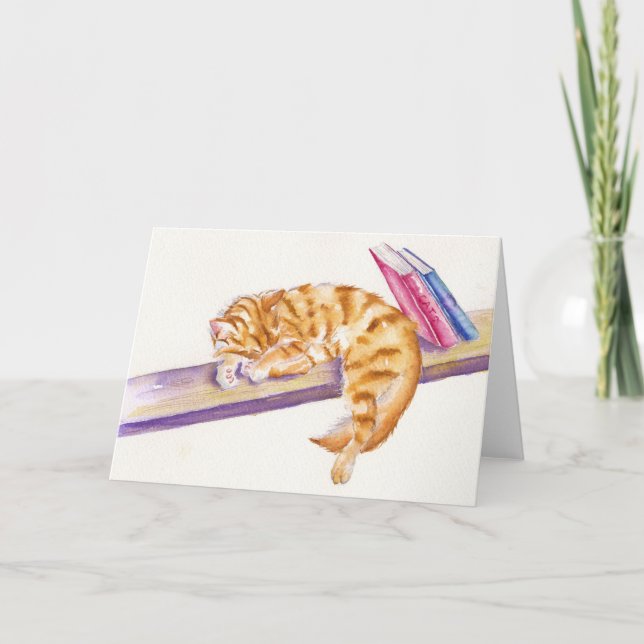 Gingembre couché Kitts avec livres Carte de voeux (Devant)