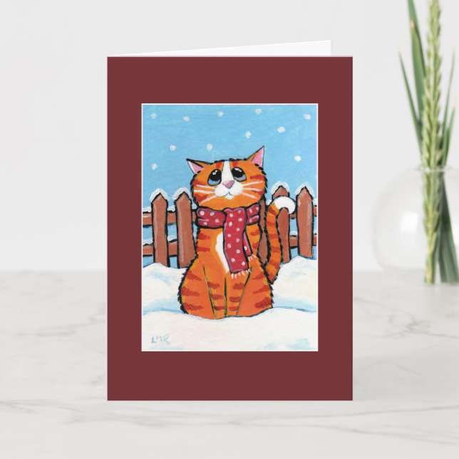 Gingembre Tabby Chat dans la carte de Noël de neig (Devant)