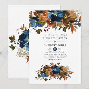 Ginger and Navy Floral Wedding Invitation