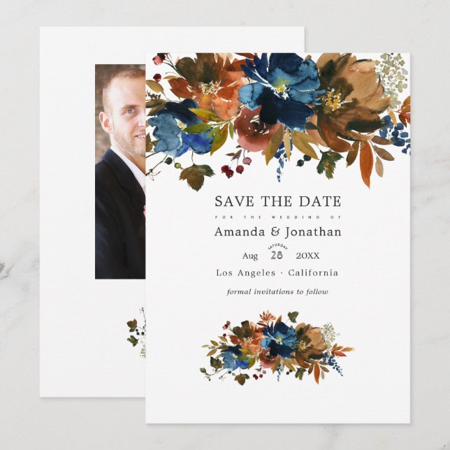 Ginger and Navy Floral Wedding Photo Save The Date (Front/Back)