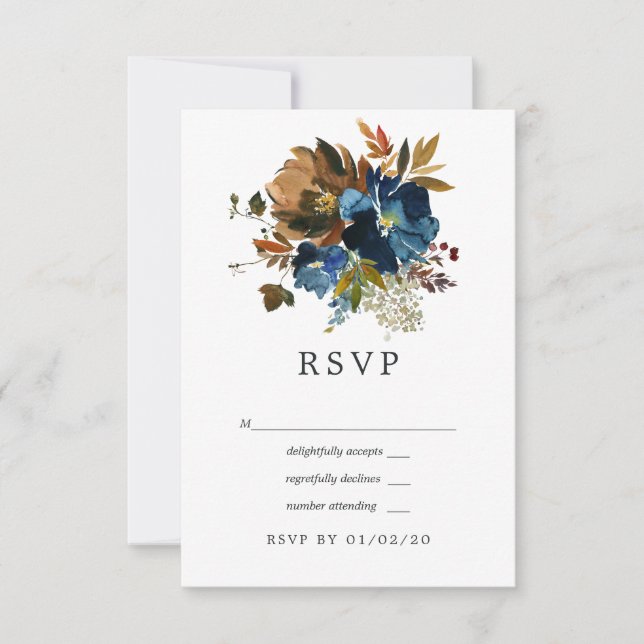 Ginger and Navy Floral Wedding RSVP Card (Front)