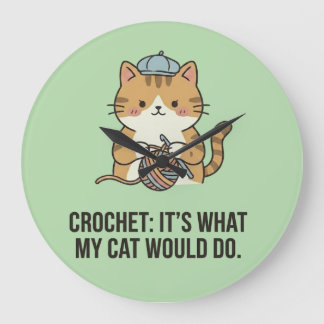 Ginger Cat Blue Hat Yarn Ball Gentle Crochet Art Large Clock