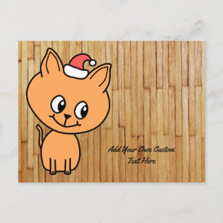 Ginger Cat Cartoon on Picture of Wood. Custom Text Holiday Postcard