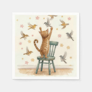Ginger Cat Catching a Bird On Wallpaper Napkin