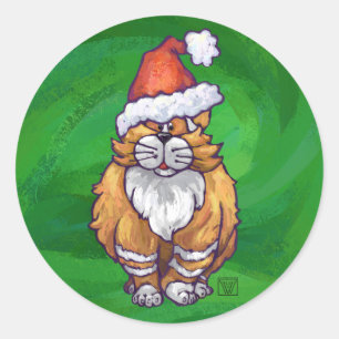 Ginger Cat Christmas On Green Classic Round Sticker