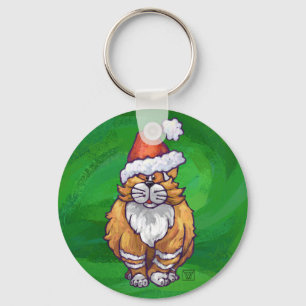 Ginger Cat Christmas On Green Keychain