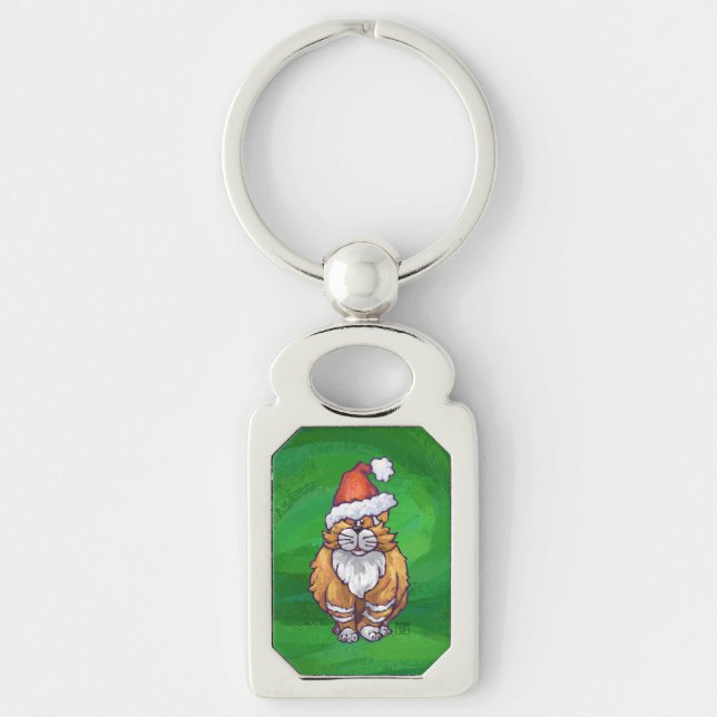 Ginger Cat Christmas On Green Keychain (Front)