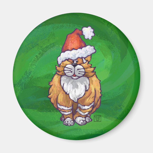 Ginger Cat Christmas On Green Magnet (Front)