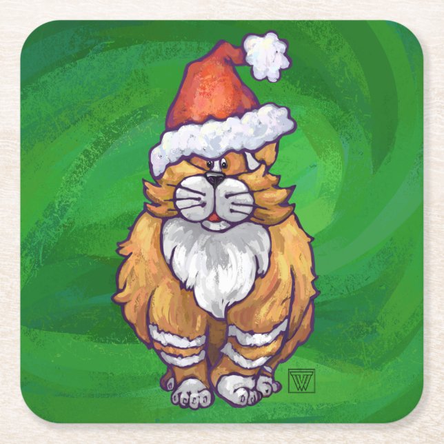 Ginger Cat Christmas On Green Square Paper Coaster (Front)
